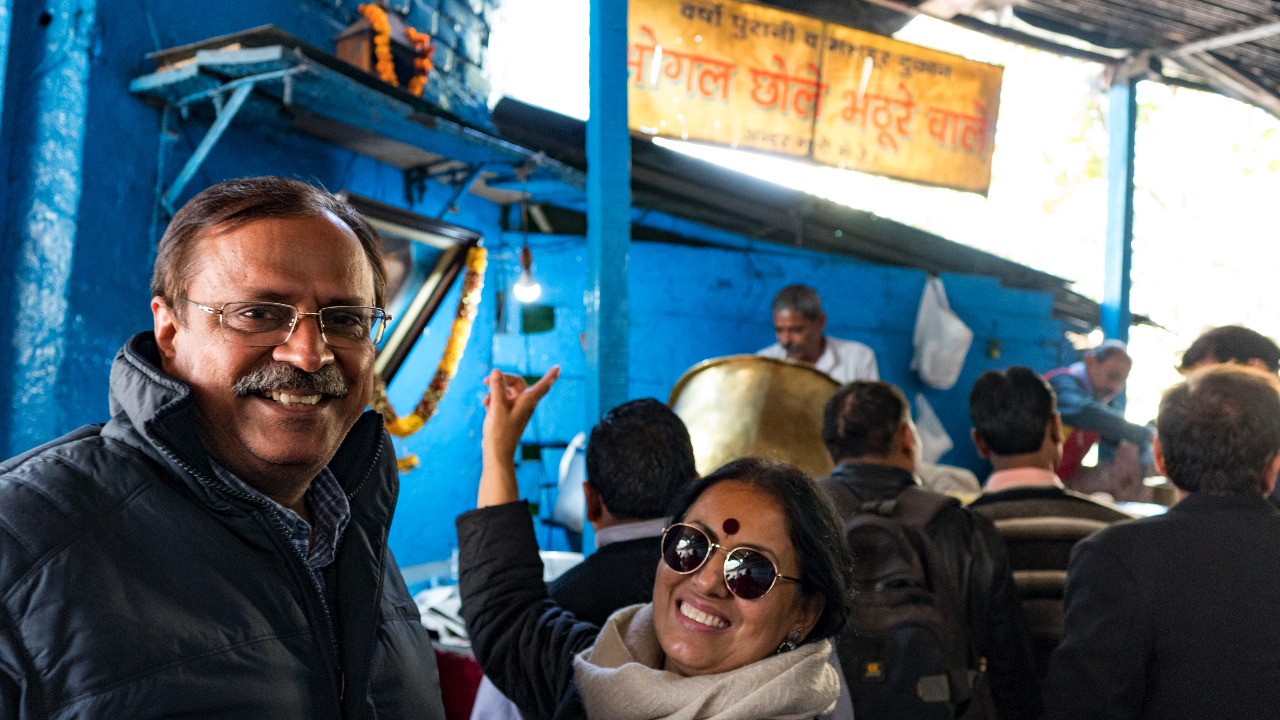 Mom and Dad at Dad's favorite chhole bhature shop, Bhogal, located in Connaught Place, Delhi. (2018)